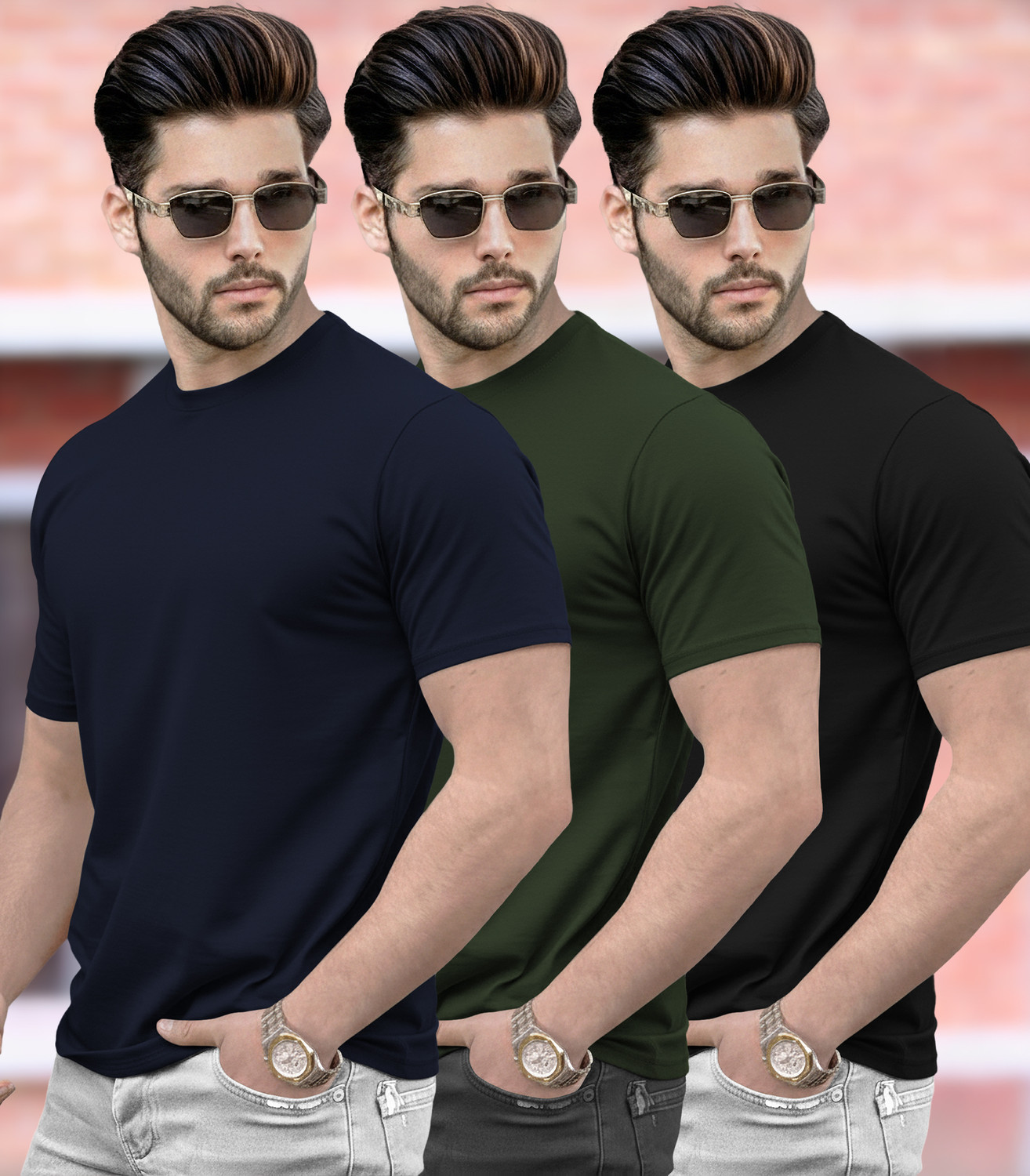 Image of TRIPR Men Solid Mandarin Collar Cotton Blend Beige T-Shirt