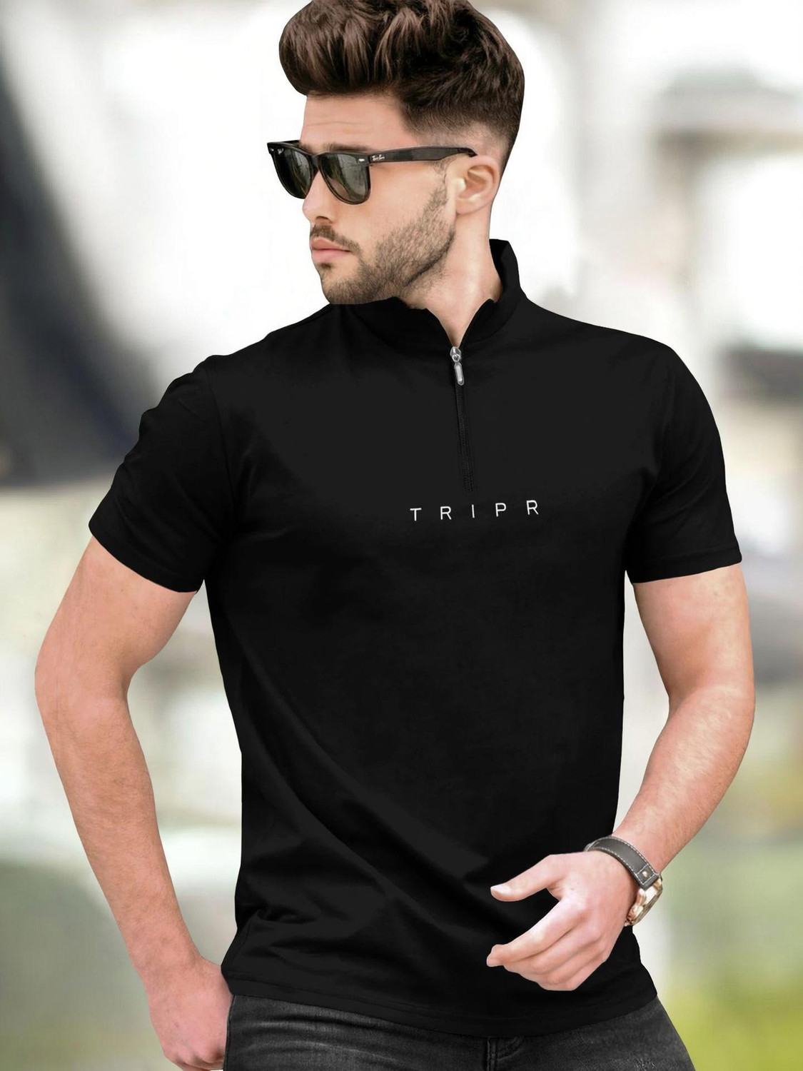 Image of TRIPR Men Solid Mandarin Collar Cotton Blend Dark Green T-Shirt