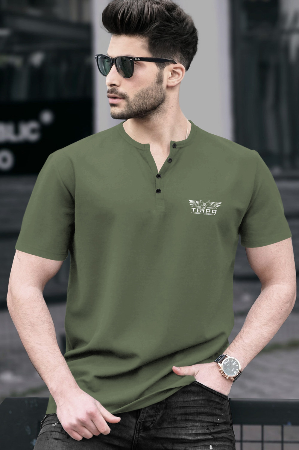 Image of TRIPR Men Solid Mandarin Collar Cotton Blend Dark Green T-Shirt