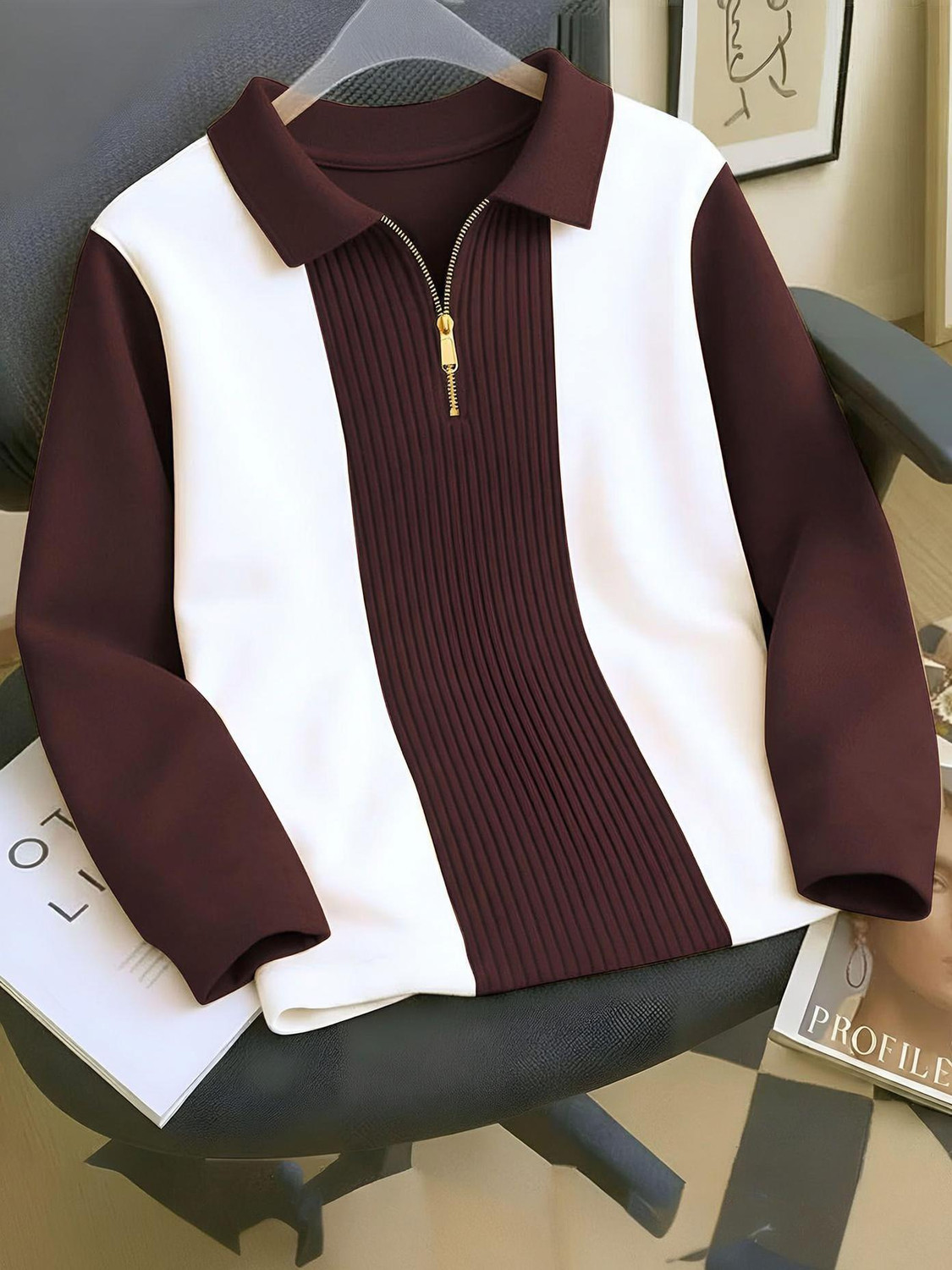AUSK Men Polo Neck White, Brown T-Shirt - Image 5