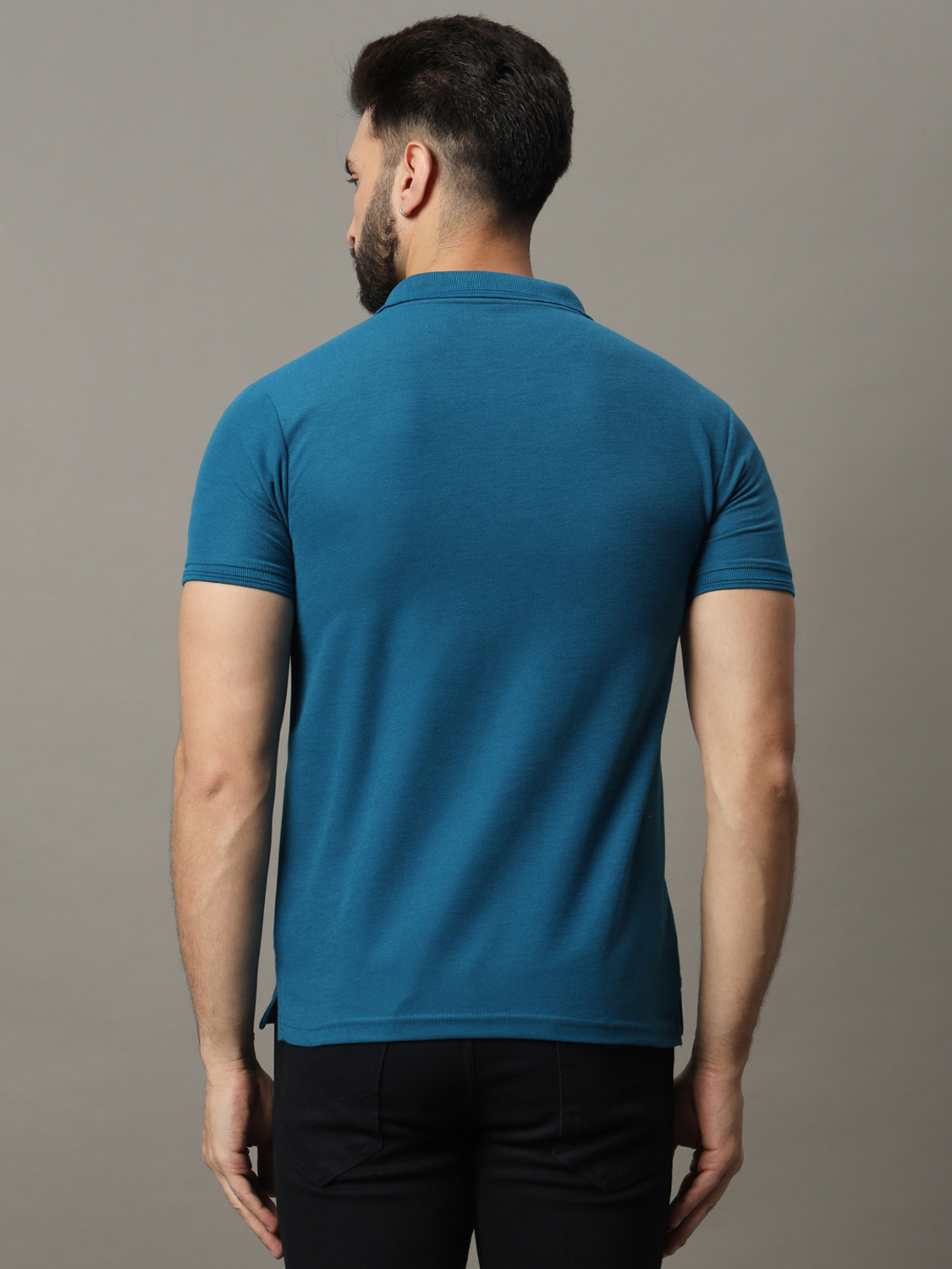 Image of RARHANPREMIUM Men Solid Polo Neck Cotton Blend Blue T-Shirt