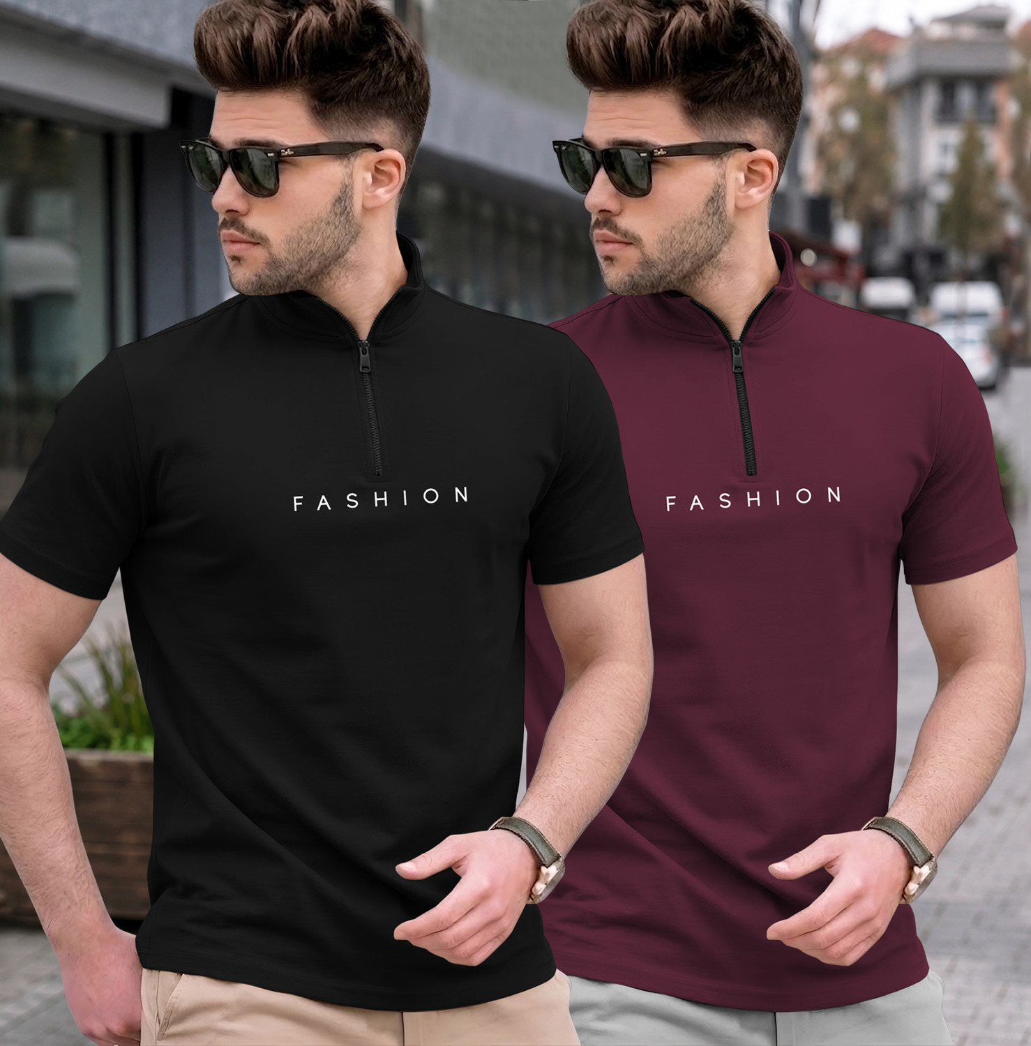 Image of TRIPR Men Solid Mandarin Collar Cotton Blend Dark Green T-Shirt