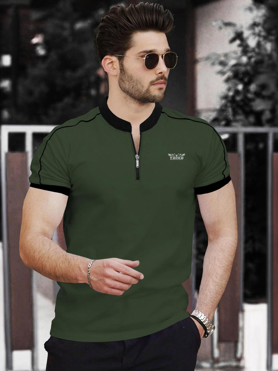 Image of TRIPR Men Solid Mandarin Collar Cotton Blend Black, White T-Shirt