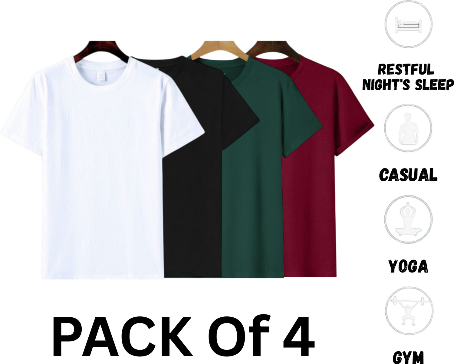 Image of P collection Pack of 4 Men Solid Round Neck Polyester White, Black, Dark Green, Maroon T-Shirt