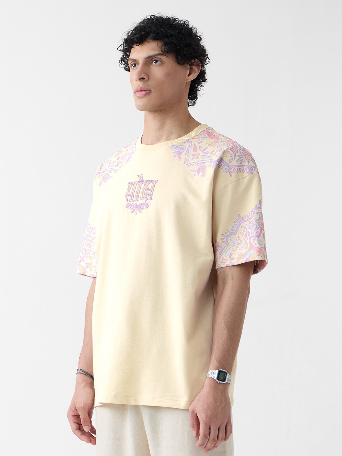 Image of The Souled Store Men Embroidered Round Neck Pure Cotton Yellow T-Shirt
