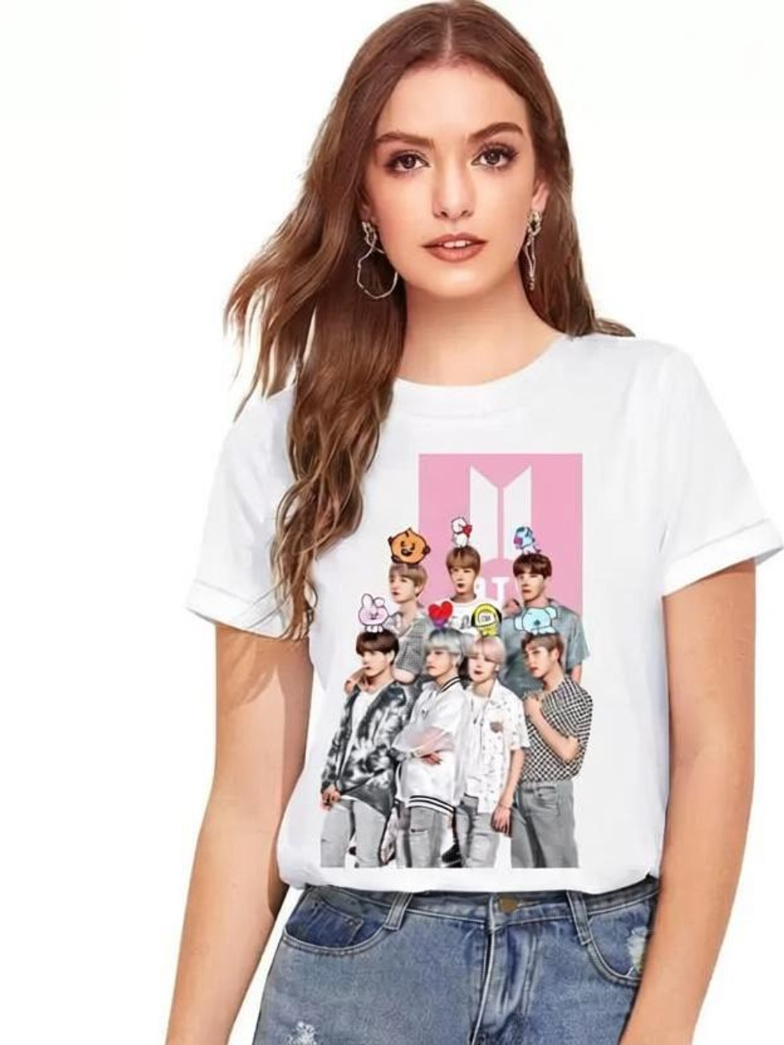 Image of KGN Women Printed Round Neck Cotton Blend Beige T-Shirt