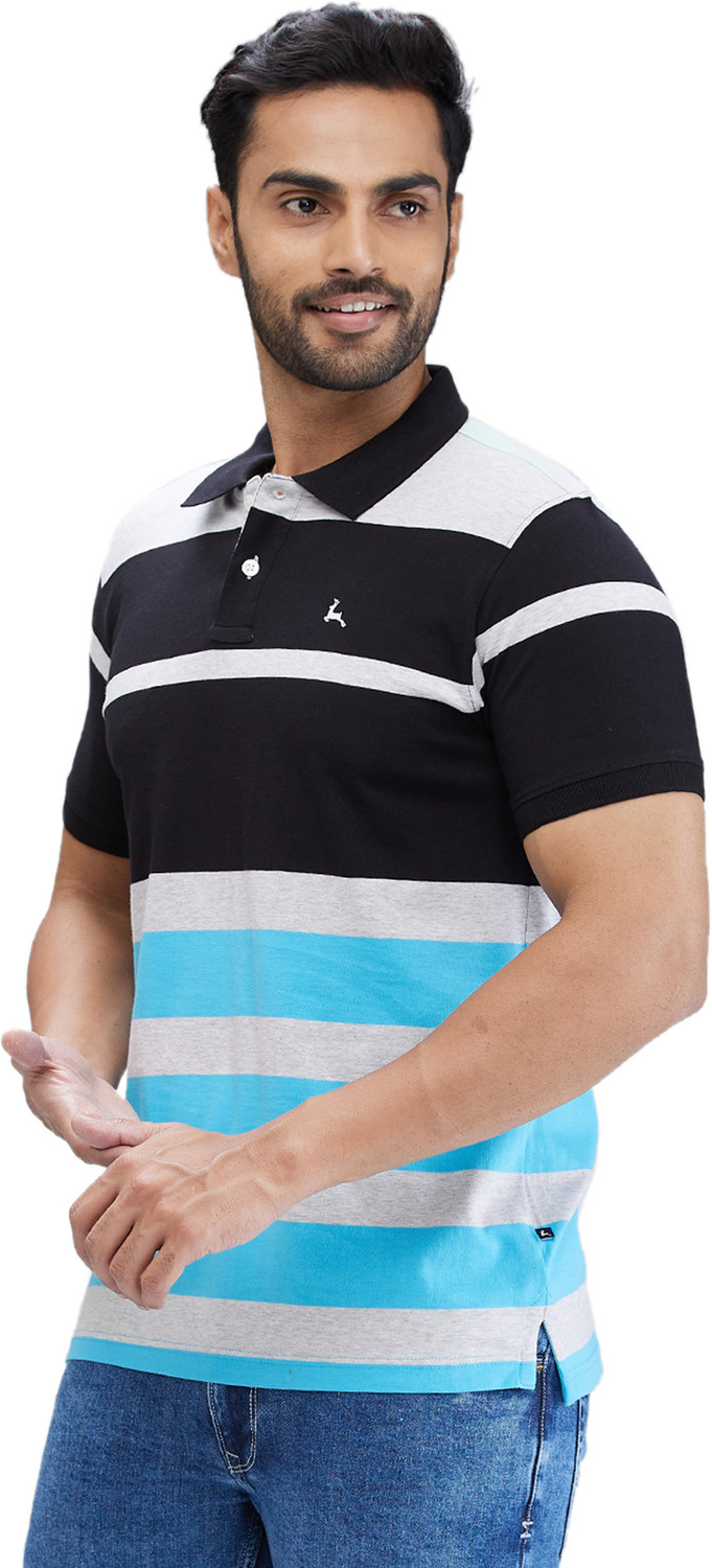 Image of PARX Men Striped Polo Neck Pure Cotton Blue T-Shirt