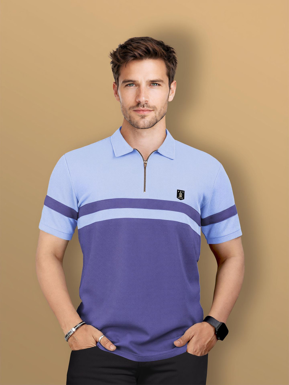 Image of VeBNoR Men Colorblock Polo Neck Polyester Blue T-Shirt