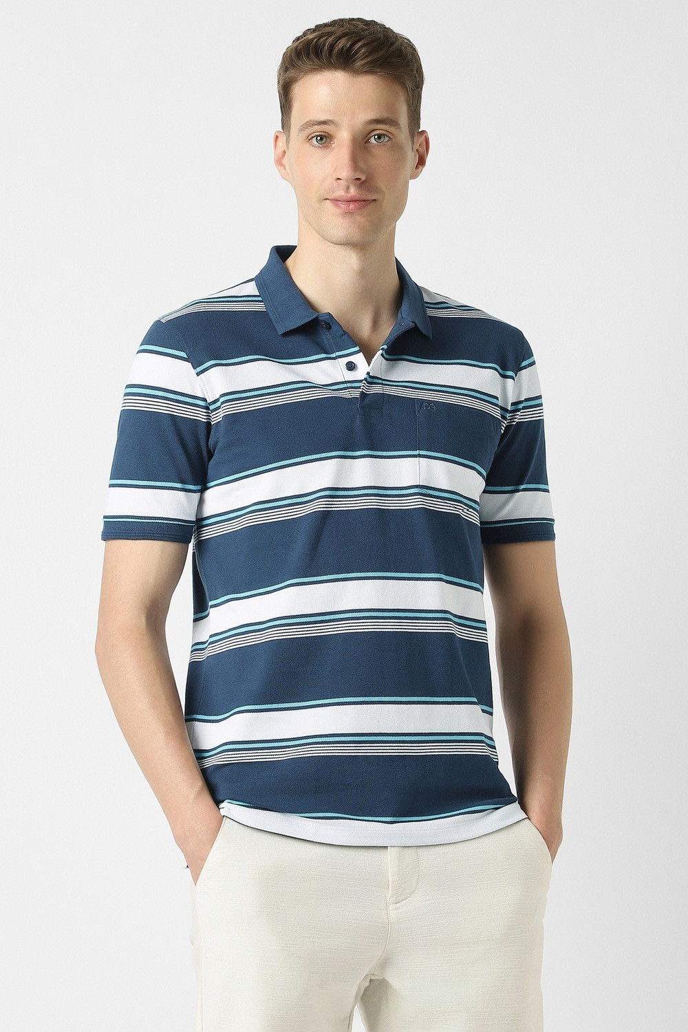 Image of PETER ENGLAND Men Striped Polo Neck Polycotton Blue T-Shirt