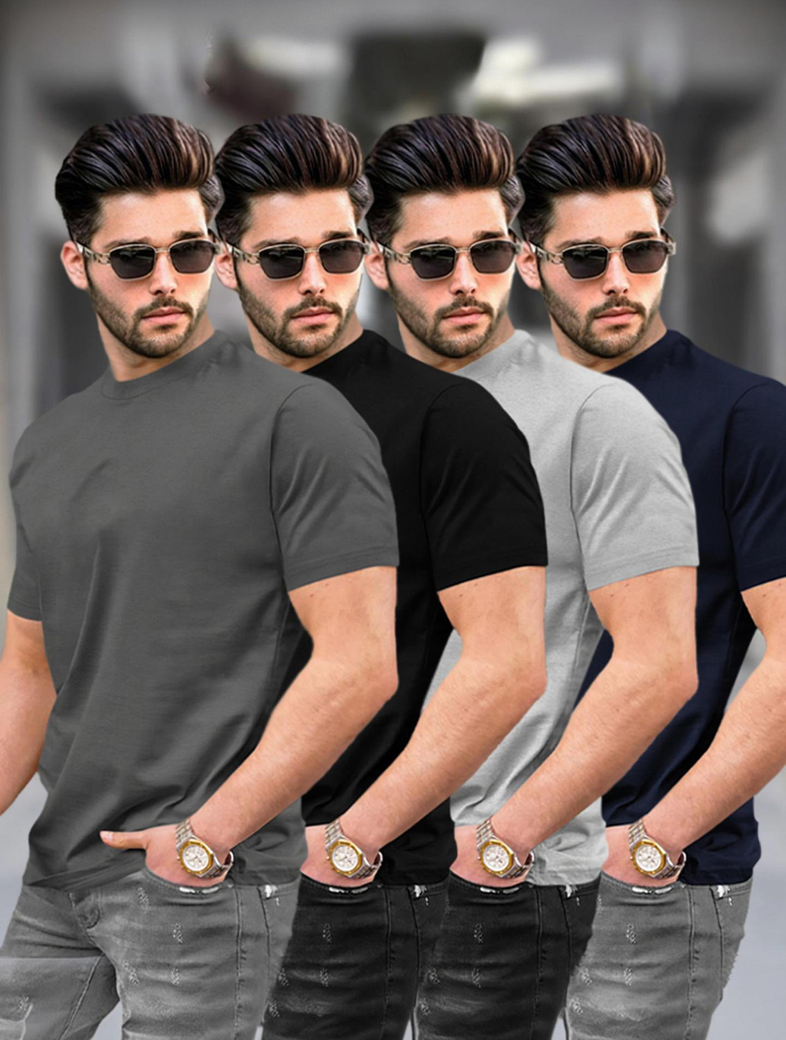 Image of TRIPR Men Solid Mandarin Collar Cotton Blend Dark Green T-Shirt