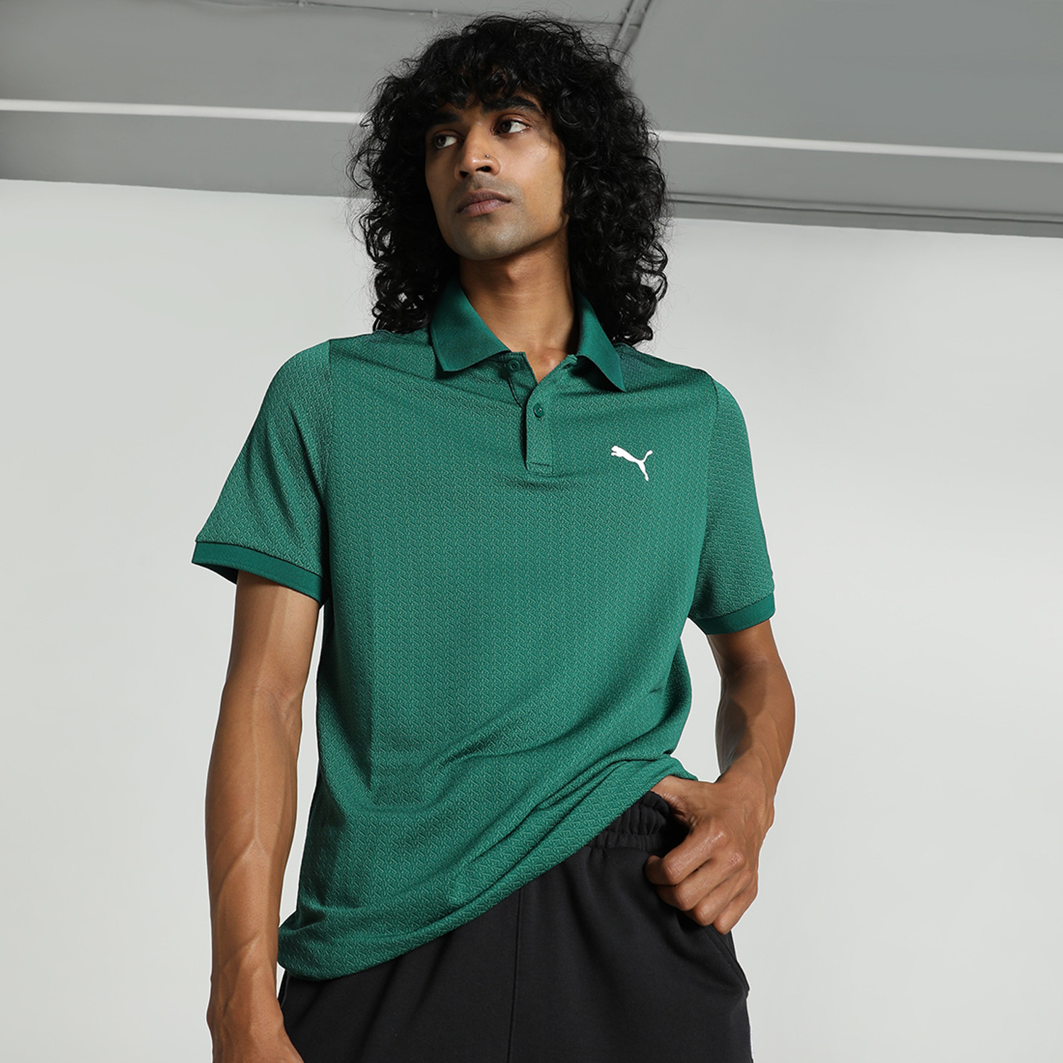 Image of PUMA Men Solid Polo Neck Polyester Green T-Shirt