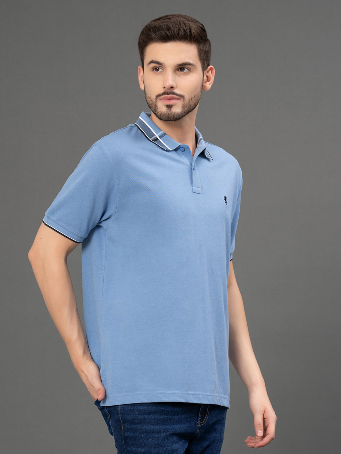 Image of RED TAPE Men Solid Polo Neck Pure Cotton Blue T-Shirt