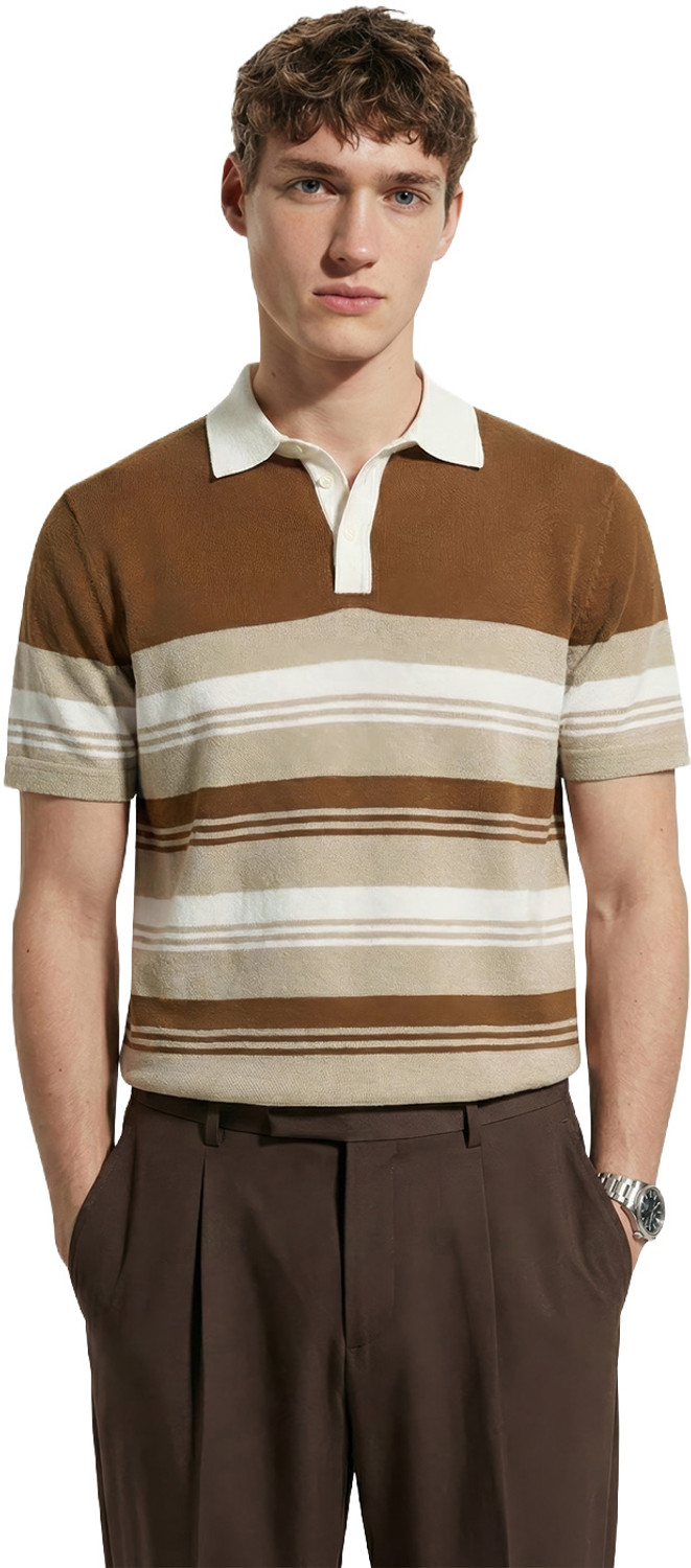 The Indian Garage Co Brown Striped Polo Neck T-Shirt - Image 1