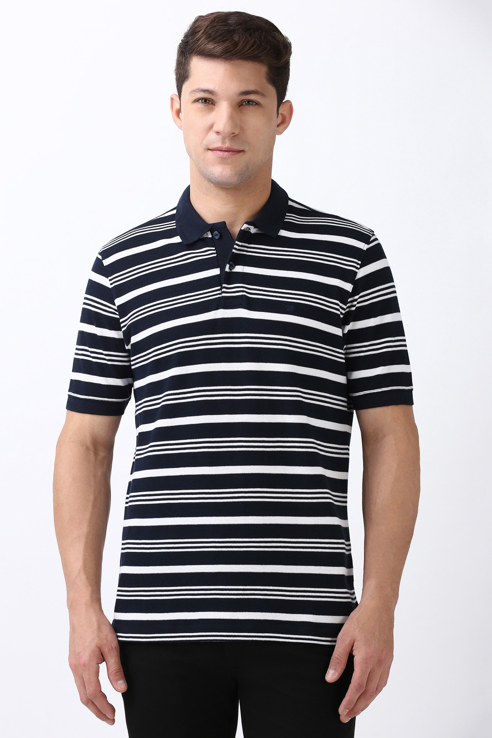 Image of PETER ENGLAND Men Striped Polo Neck Polycotton Blue T-Shirt