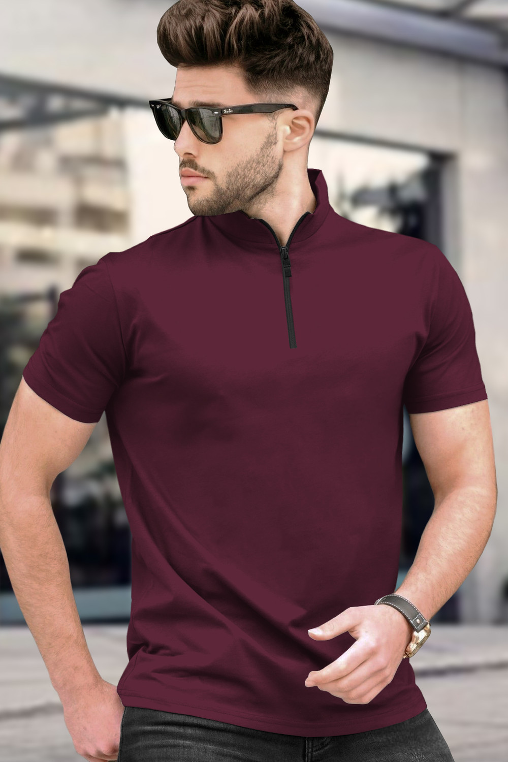Image of TRIPR Men Solid Mandarin Collar Cotton Blend Maroon T-Shirt