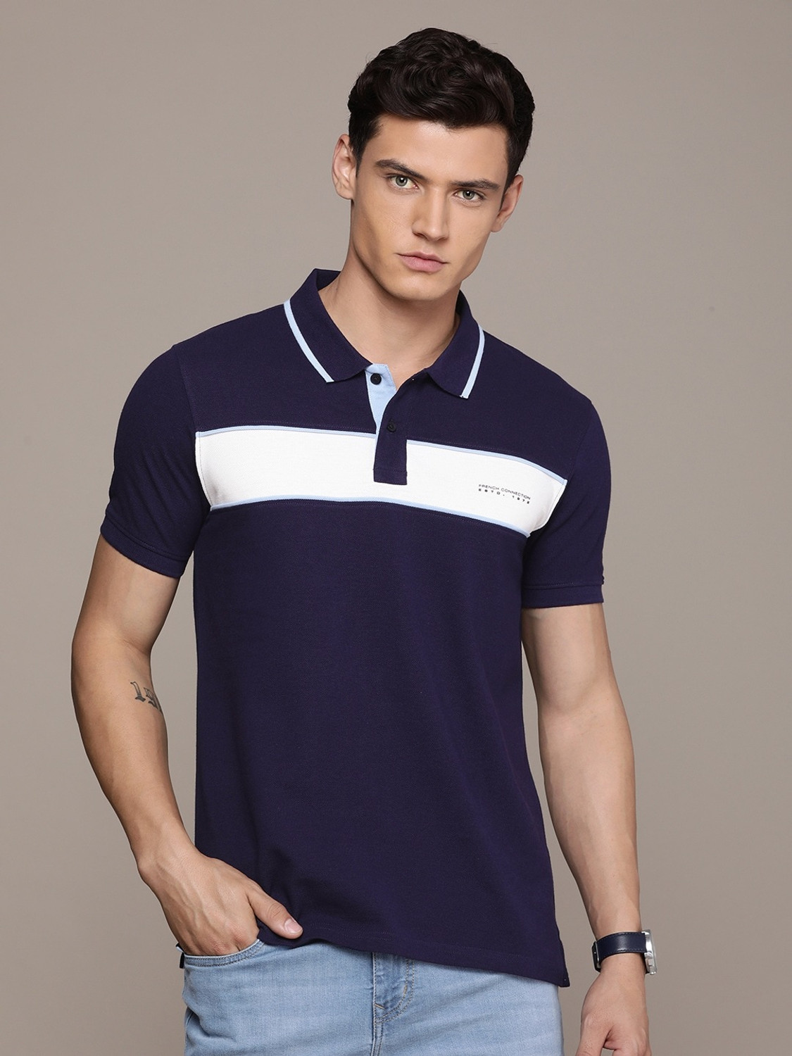 French Connection Navy Blue Cotton Polo Neck T-Shirt - Image 1