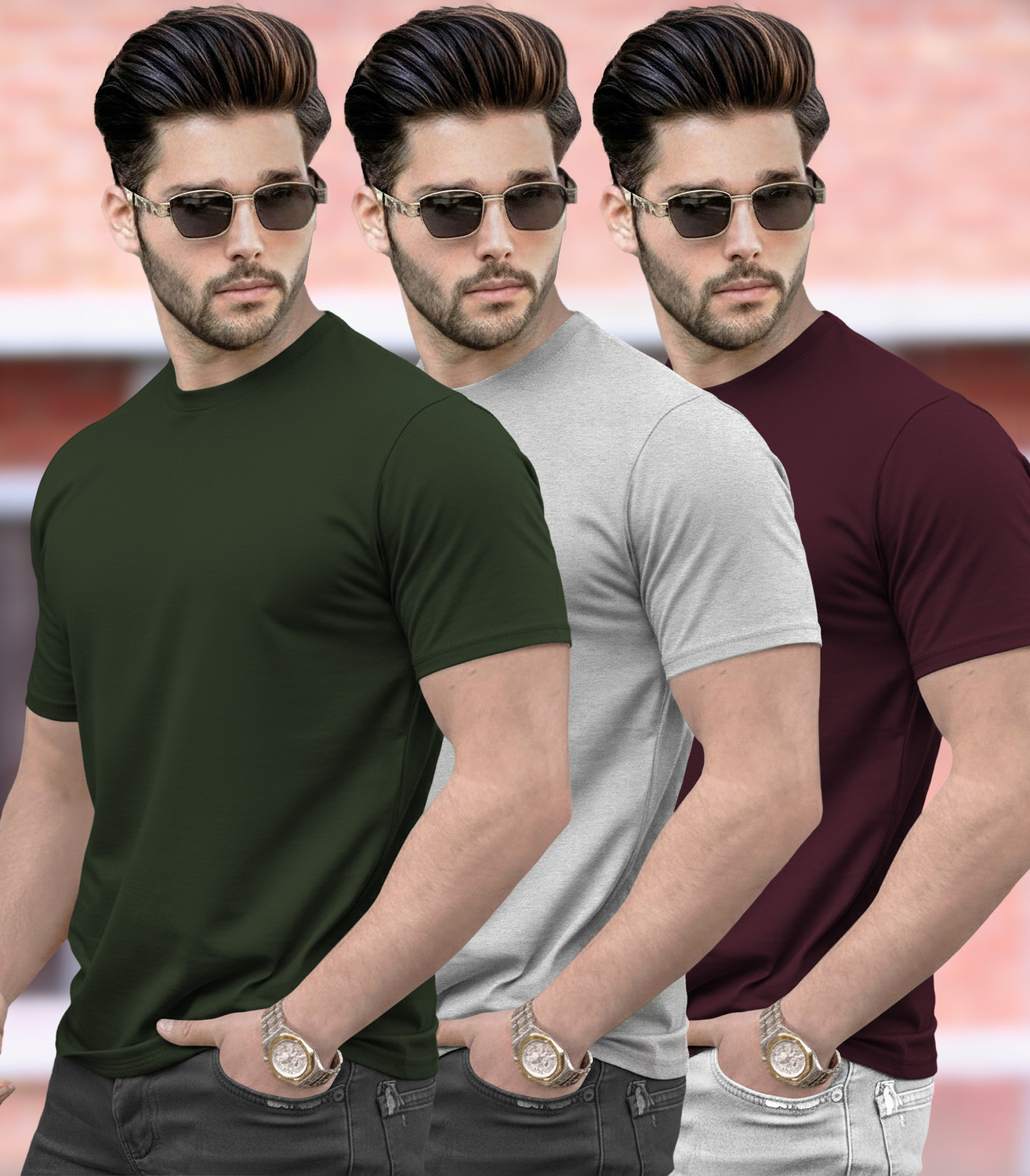 Image of TRIPR Men Solid Mandarin Collar Cotton Blend Dark Green T-Shirt