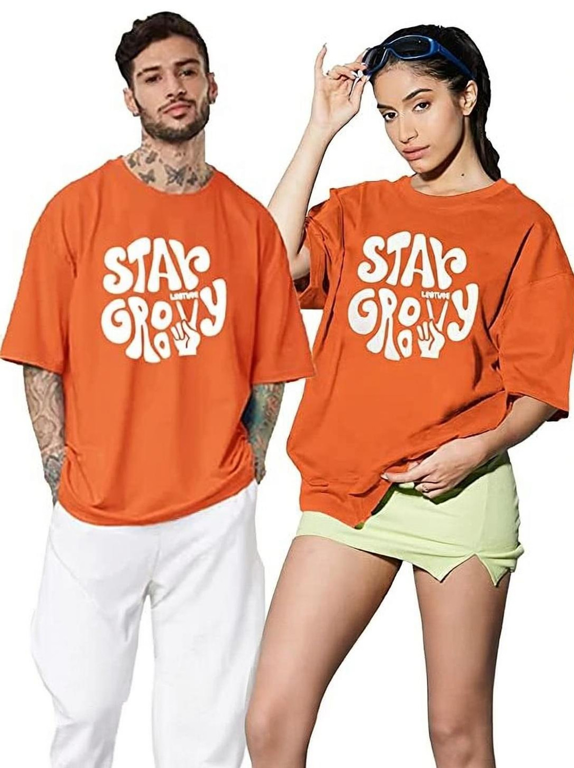 Image of dione fashion Couple Printed Round Neck Pure Cotton Black T-Shirt