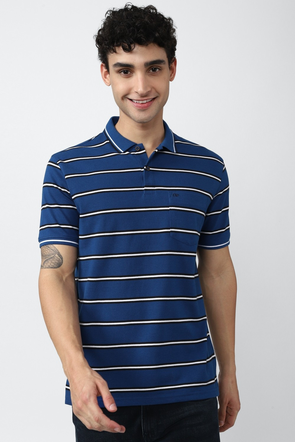 Image of PETER ENGLAND Men Striped Polo Neck Polycotton Blue T-Shirt