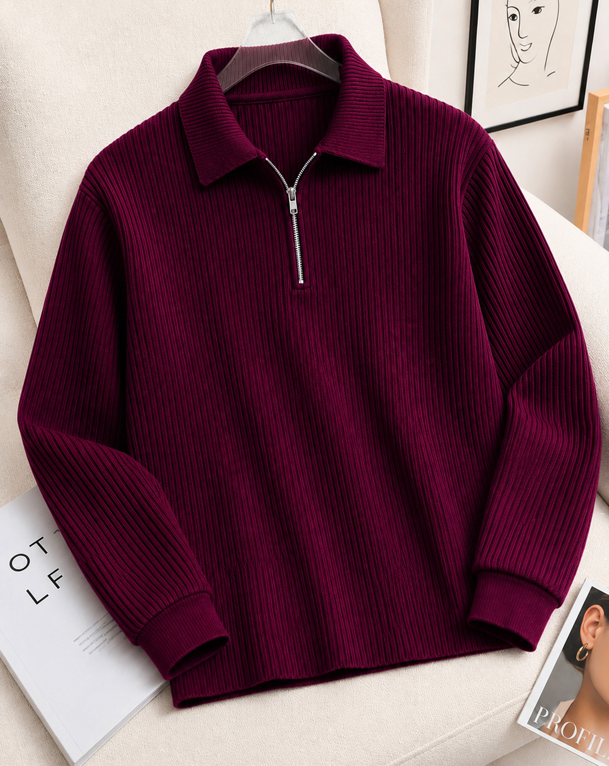 Image of TRIPR Men Solid Mandarin Collar Cotton Blend Maroon, Black T-Shirt