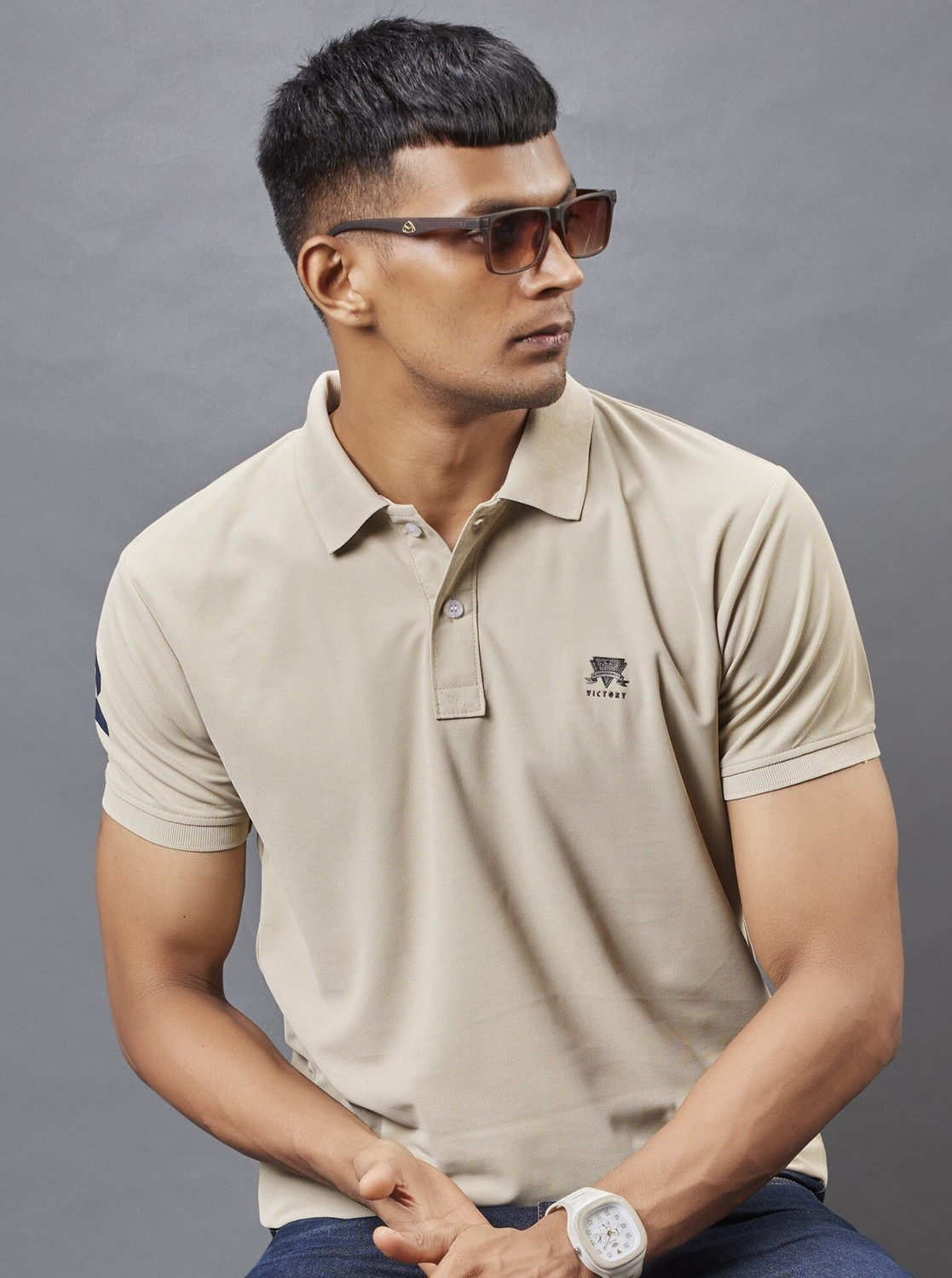 3BROS Men Beige Polyester Polo Neck T-Shirt - Image 1