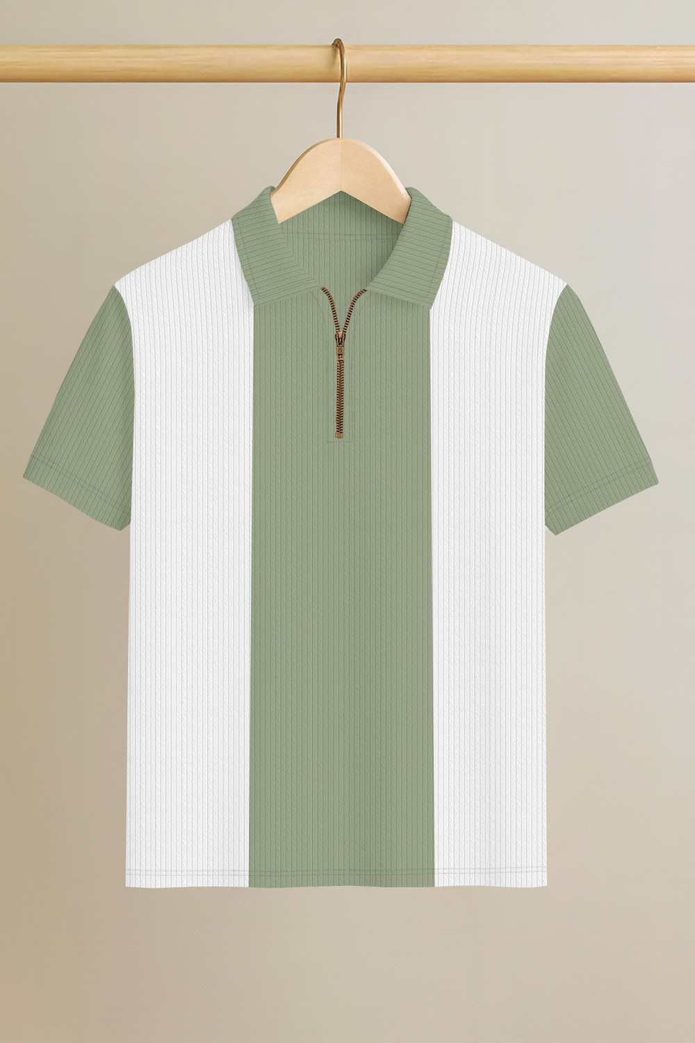 KAJARU Men Colorblock Zip Neck Polyester T-Shirt (Light Green, White) - Image 1