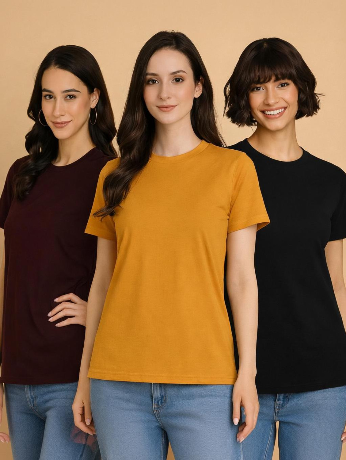 Image of ZentWorld Pack of 3 Women Printed Round Neck Cotton Blend Multicolor T-Shirt