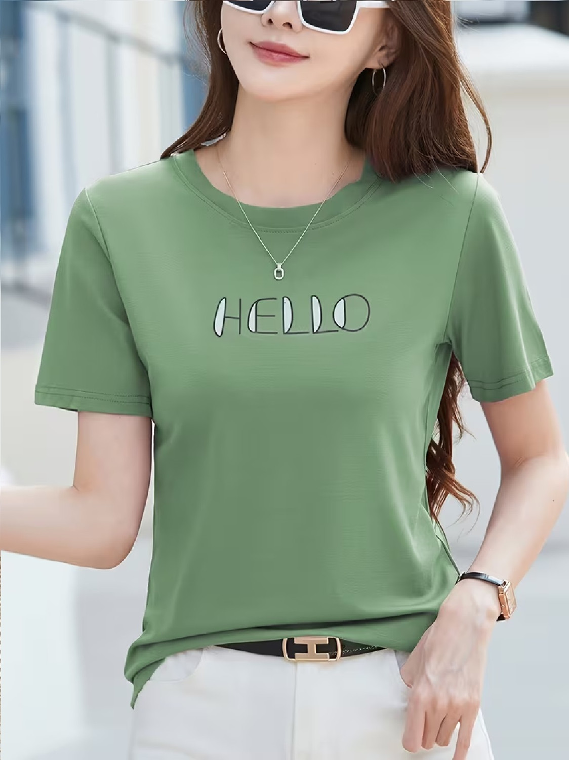 Image of Deklook Women Printed Round Neck Pure Cotton Brown T-Shirt