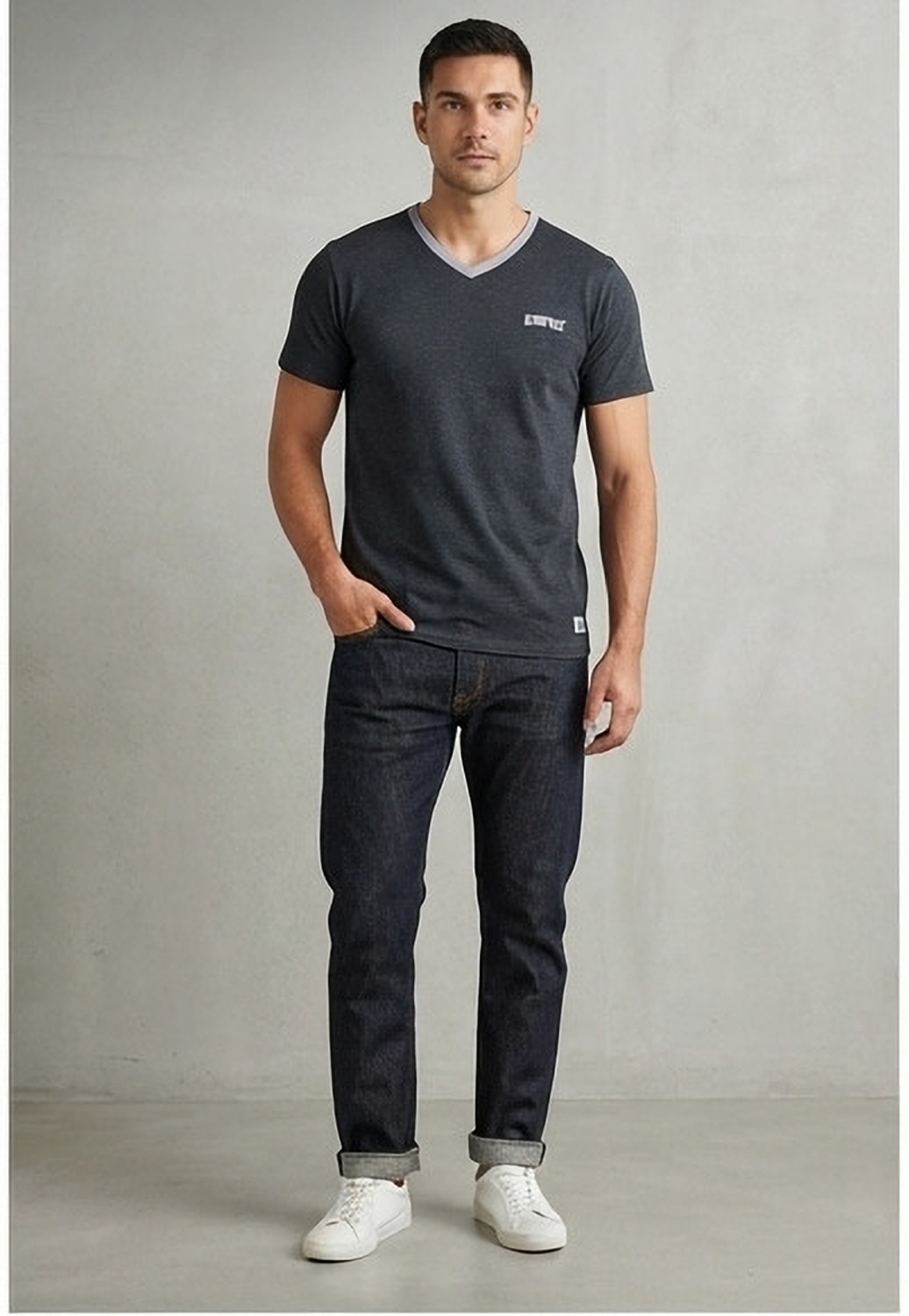 Image of TRIPR Men Solid Mandarin Collar Cotton Blend Grey T-Shirt