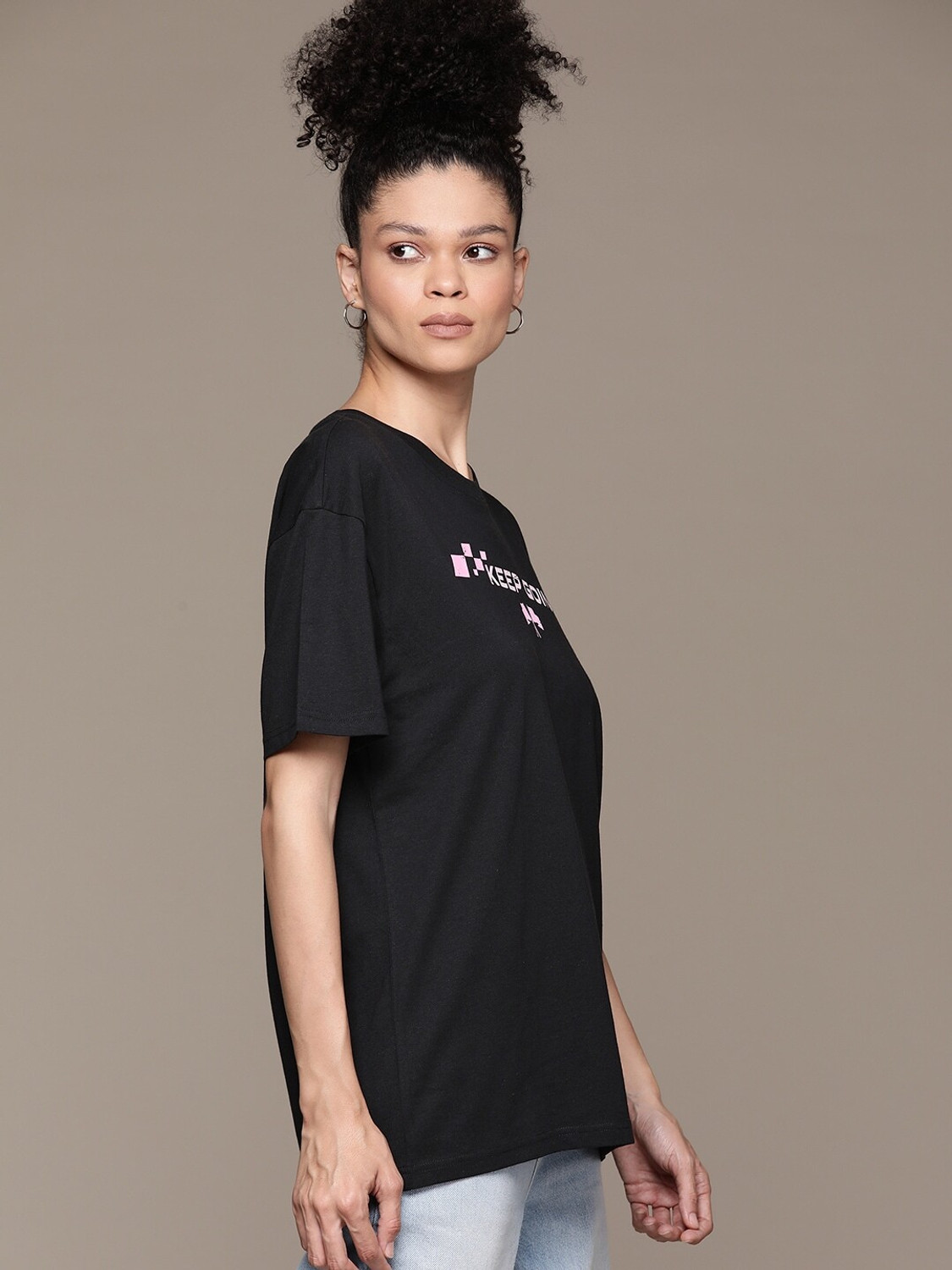 Image of Roadster Women Printed Round Neck Pure Cotton Black T-Shirt
