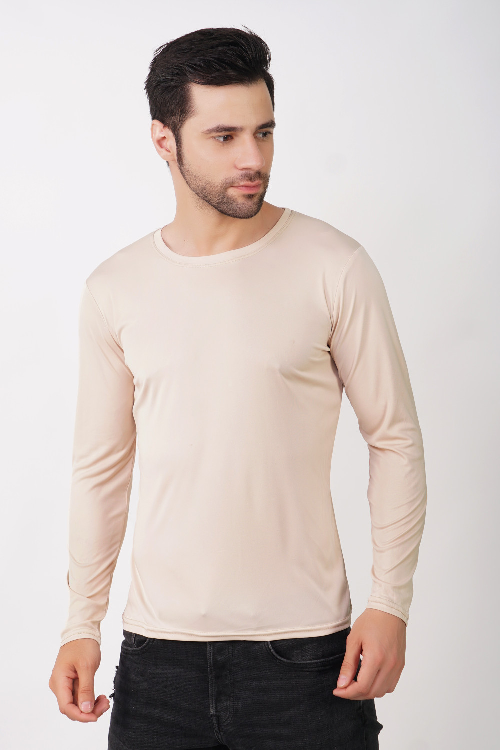 Image of KASPY Men Solid Round Neck Polyester Beige T-Shirt