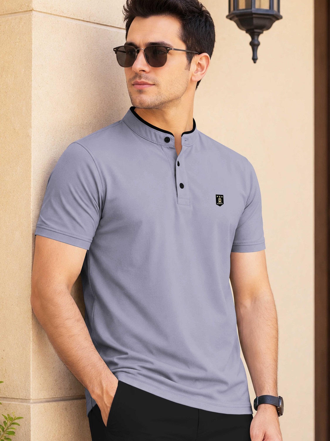 Image of TRIPR Men Solid Mandarin Collar Cotton Blend White T-Shirt