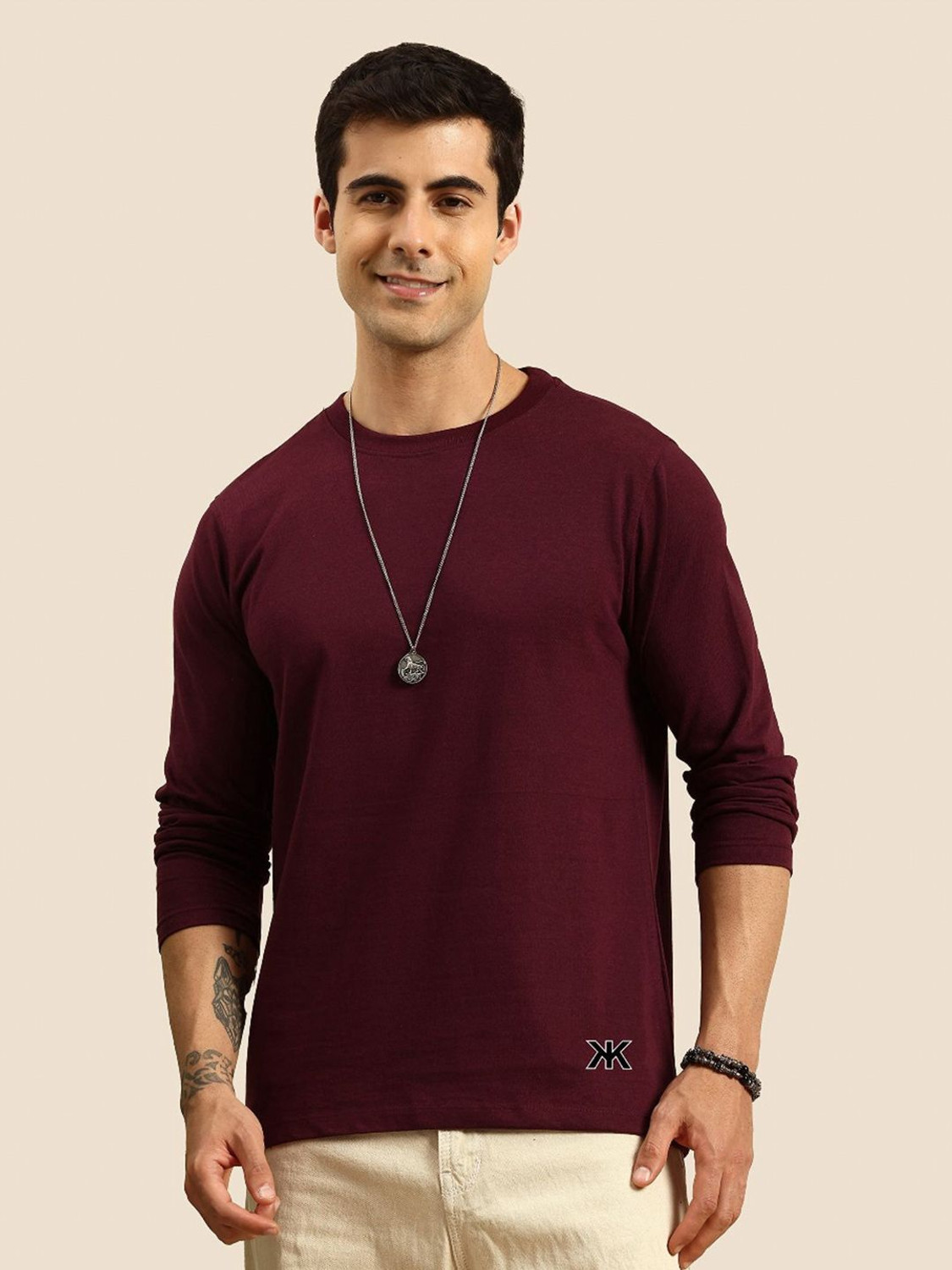 Image of Kook N Keech Men Solid Round Neck Pure Cotton Brown T-Shirt
