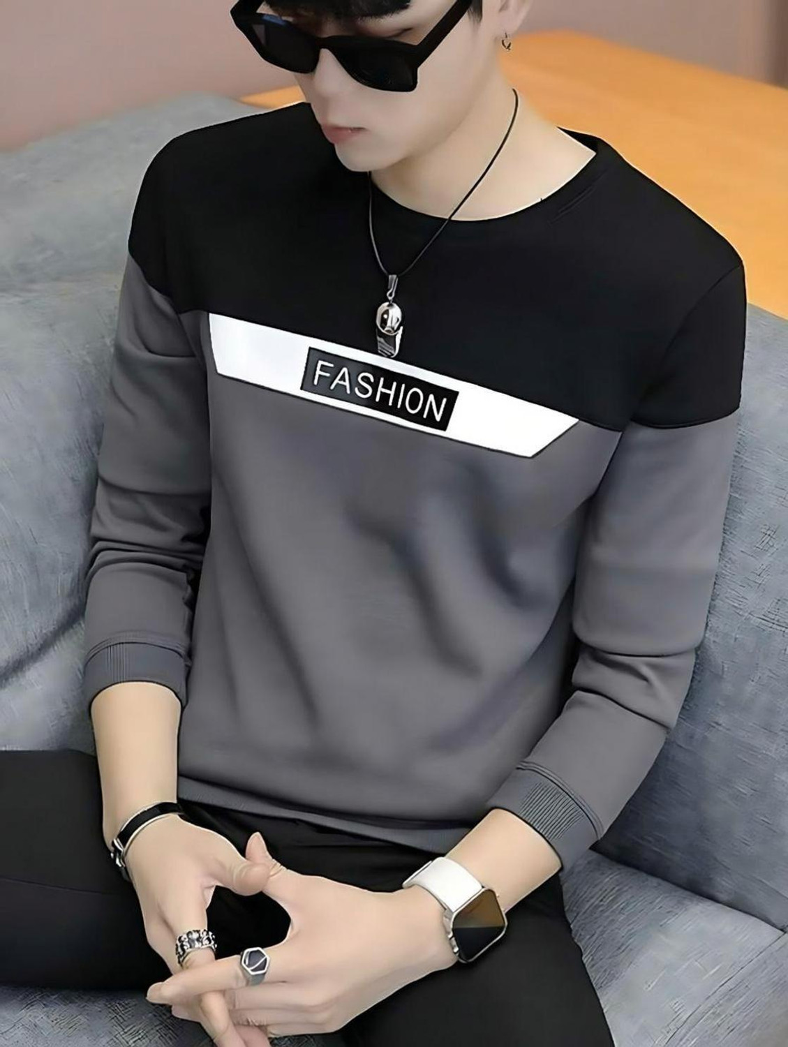 FAOES Men Self Design Round Neck Cotton Blend Grey T-Shirt - Image 1