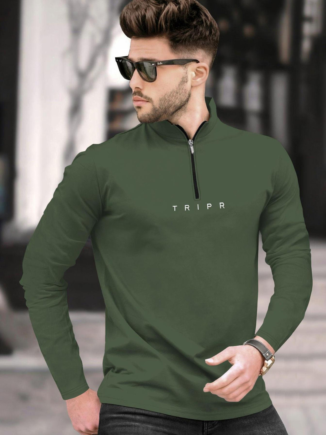 Image of TRIPR Men Solid Mandarin Collar Cotton Blend Green T-Shirt
