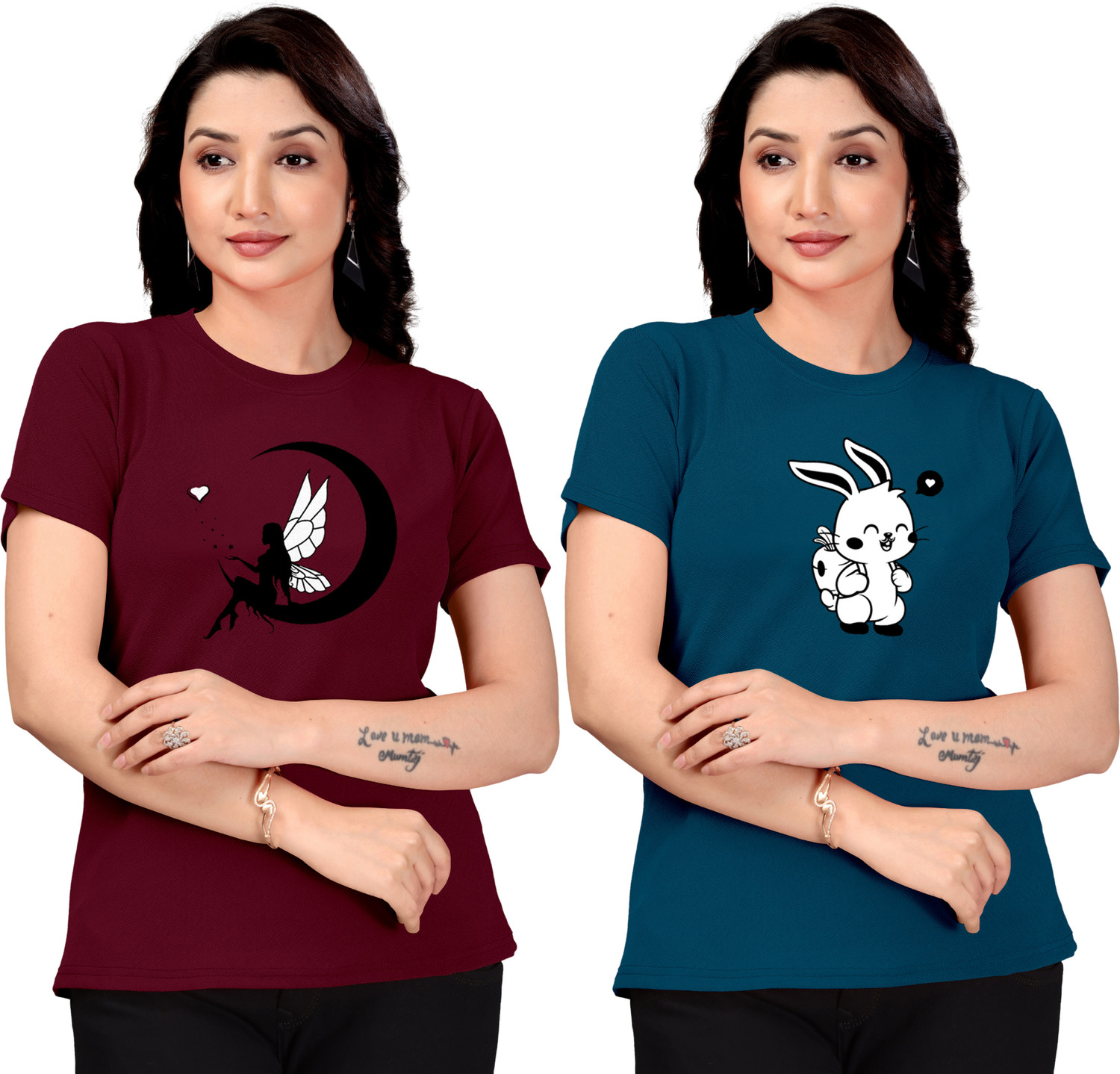 Image of ZentWorld Pack of 3 Women Printed Round Neck Cotton Blend Multicolor T-Shirt