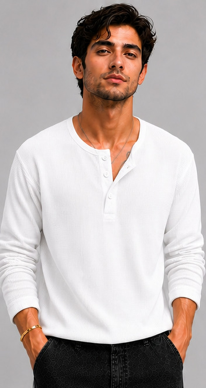 Image of The Modern Soul Men Solid Henley Neck Cotton Blend White T-Shirt