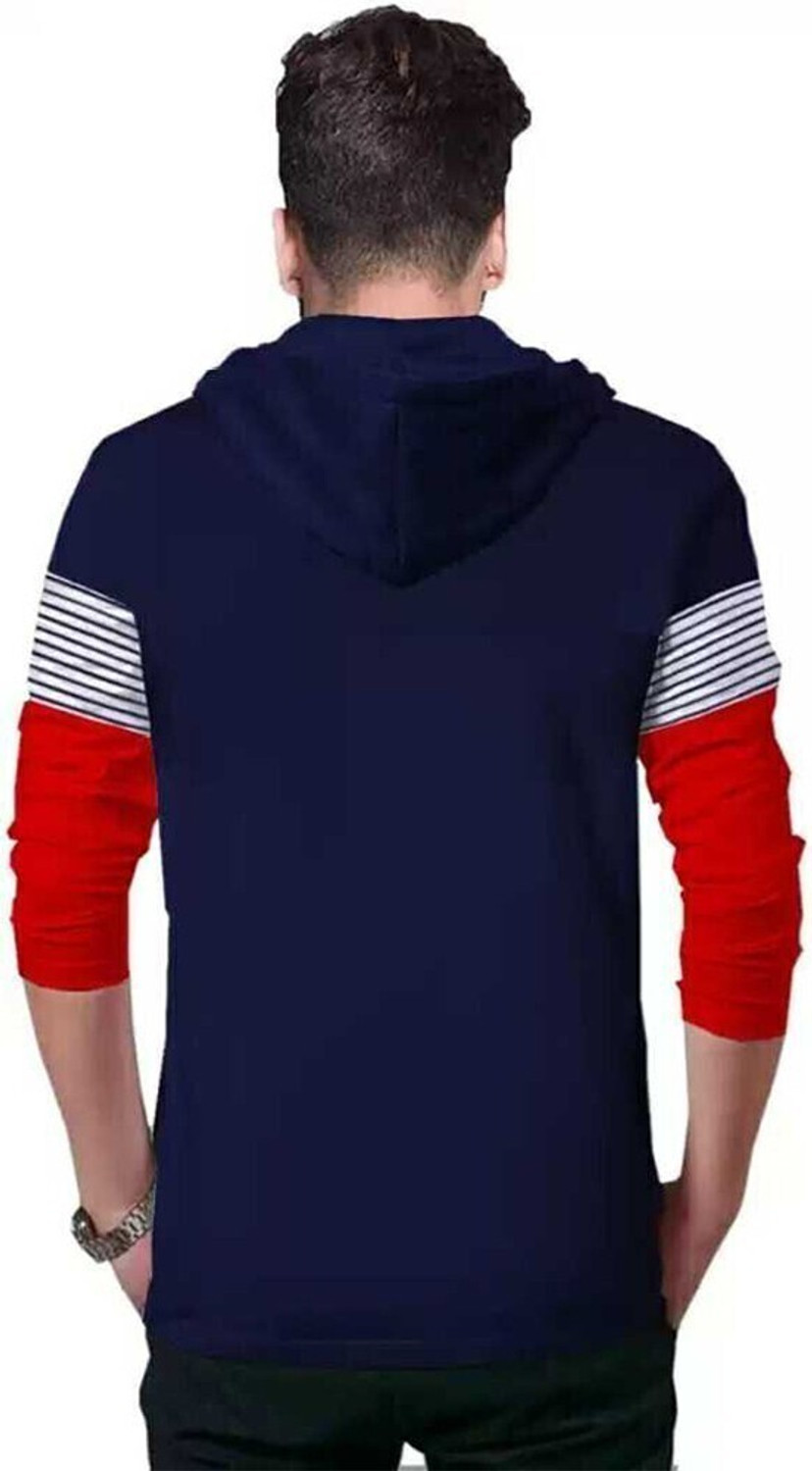 Image of BLIVE Men Printed Hooded Neck Cotton Blend Navy Blue, Red T-Shirt