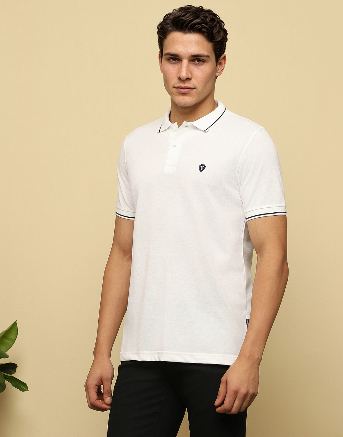Image of VAN HEUSEN Men Solid Polo Neck Cotton Blend White T-Shirt