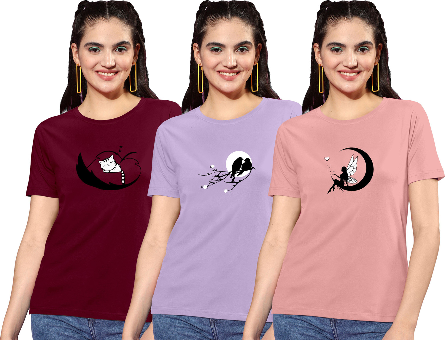 Image of ZentWorld Pack of 3 Women Printed Round Neck Cotton Blend Multicolor T-Shirt