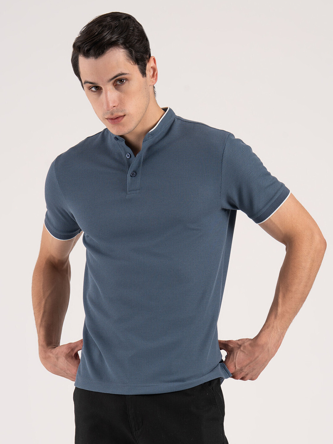Image of RED TAPE Men Solid Polo Neck Pure Cotton Blue T-Shirt