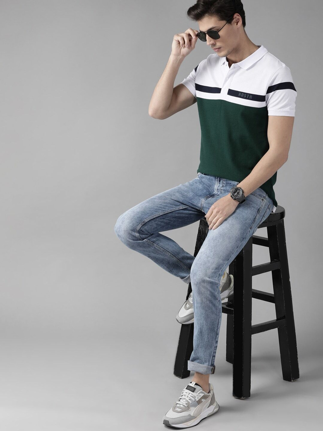 Image of Roadster Men Colorblock Polo Neck Pure Cotton Green T-Shirt
