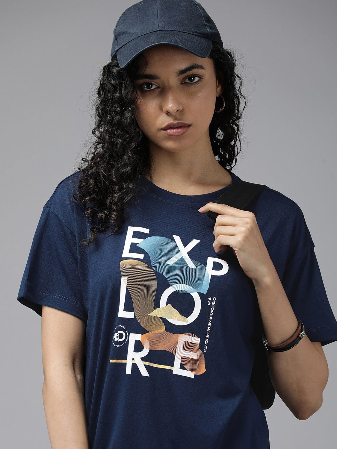Image of Patche Women Colorblock Round Neck Pure Cotton Blue, White T-Shirt