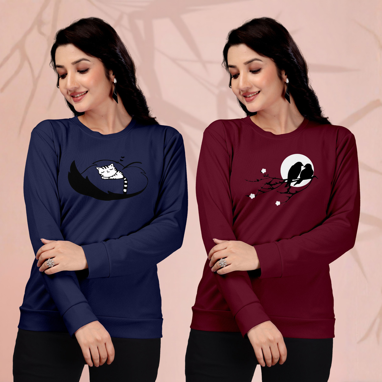 Image of ZentWorld Pack of 3 Women Printed Round Neck Cotton Blend Multicolor T-Shirt