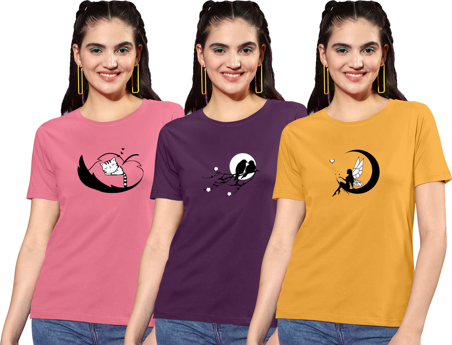 Image of ZentWorld Pack of 3 Women Printed Round Neck Cotton Blend Multicolor T-Shirt