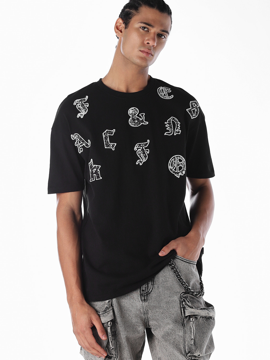 Image of NOBERO Men Printed Round Neck Cotton Blend Black T-Shirt