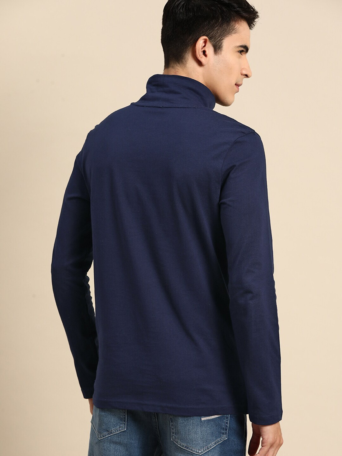Image of United Colors of Benetton Men Solid High Neck Pure Cotton Navy Blue T-Shirt