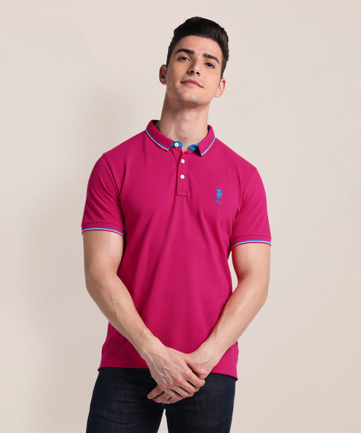 Image of U.S. POLO ASSN. Men Solid Polo Neck Pure Cotton Pink T-Shirt