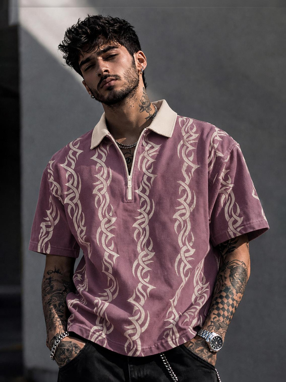 Force Men Printed Zip Neck Cotton Blend Pink T-Shirt - Image 1