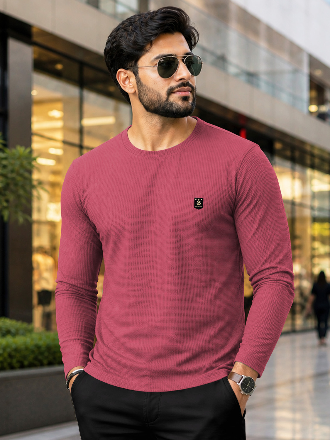 Image of TRIPR Men Solid Mandarin Collar Cotton Blend Maroon, Black T-Shirt